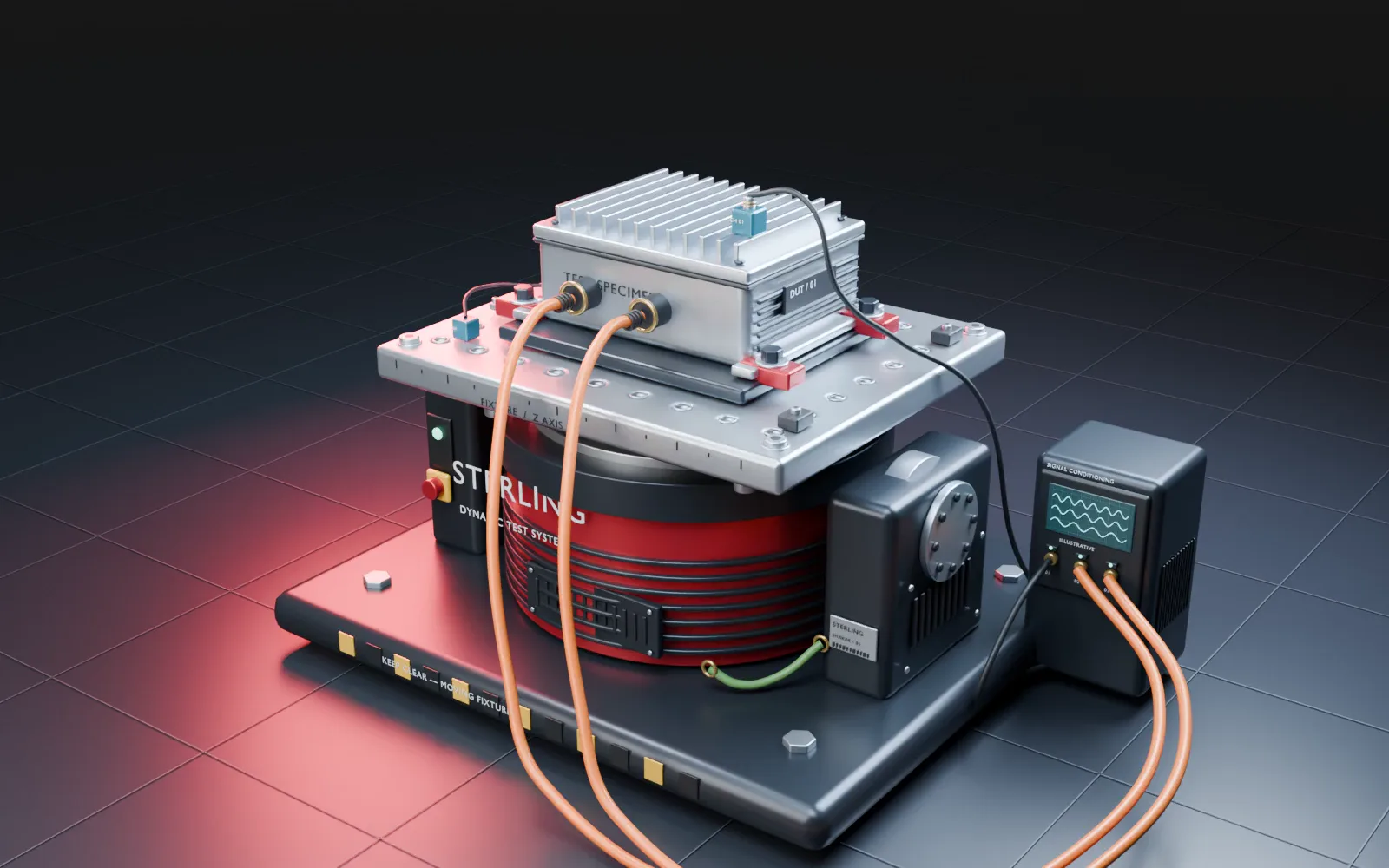Detailed vibration-testing illustration with a machined fixture, bolted specimen, accelerometer, connected cables, and signal-conditioning unit.